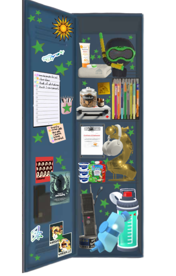 orbs locker which is dark blue and neatly ordered with necessities